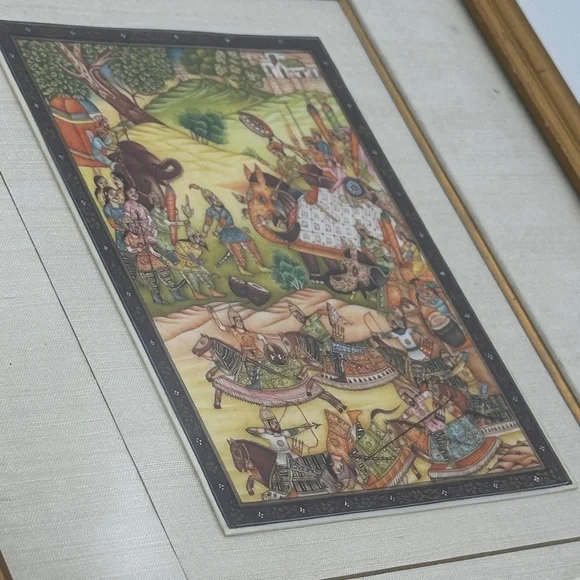 Vintage Framed Indian Battle Scene Art Print
